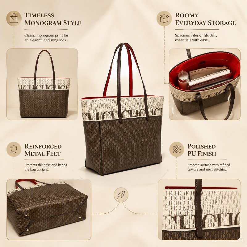 CHHC 여성용 스플라이스 모노그램 프린트 토트백 인조 - Tote Bag Leather Monogram 리뷰 및 가격